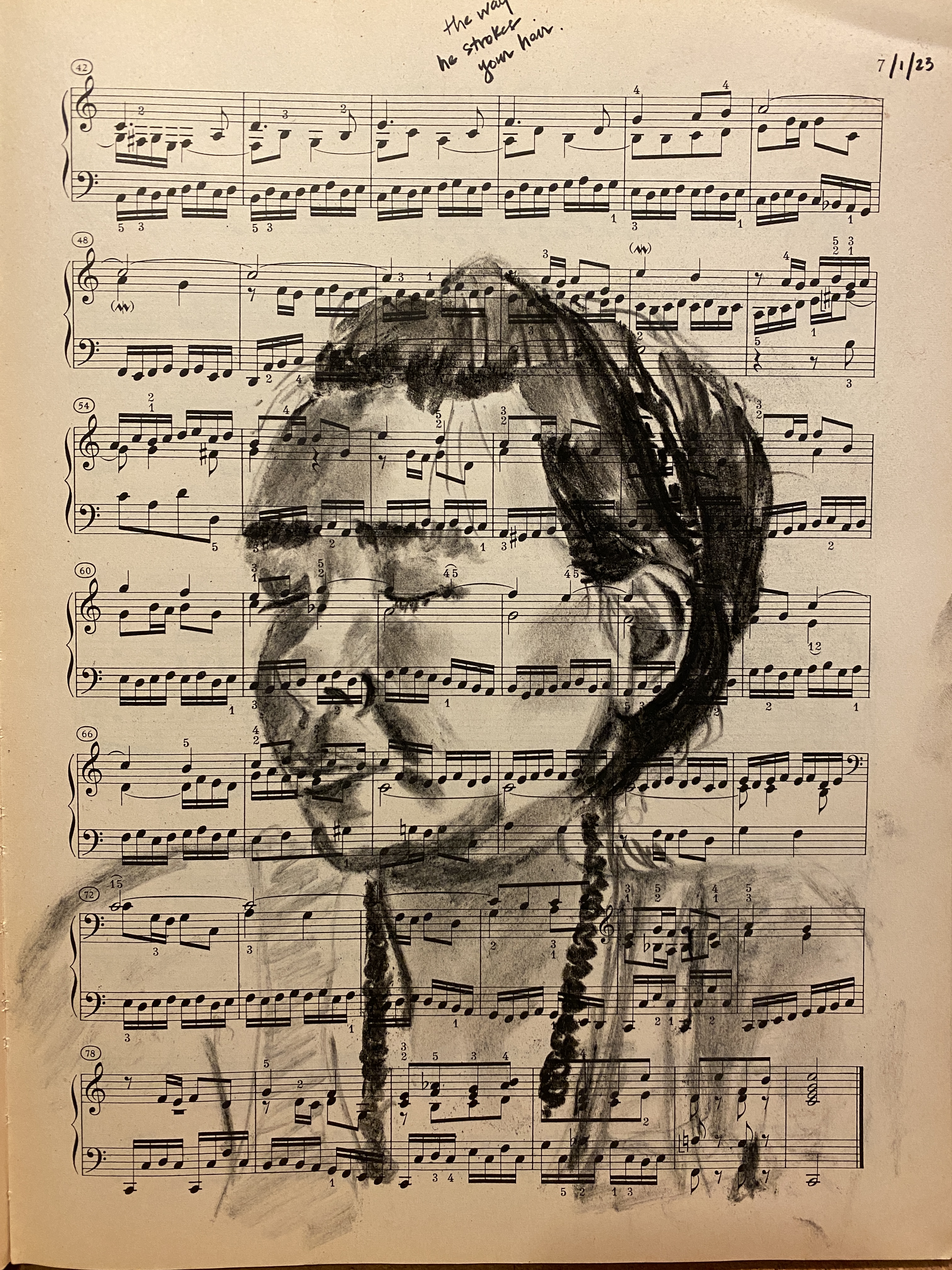 crystal wei, "the way he strokes your hair," charcoal on Bach, 2023